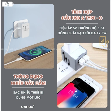 Ổ cắm du lịch UCHUU đa năng, cốc sạc nhiều thiết bị, chuyển phích cắm toàn cầu, tiện lợi cho chuyến đi 3