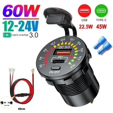 Ổ cắm sạc USB kép 45W QC3.0, PC Type‑C, công tắc LED, chống nước, sạc nhanh 12V/24V cho ô tô – Giá chỉ 154.594₫