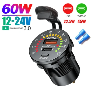 Ổ cắm sạc USB kép 45W QC3.0, PC Type‑C, công tắc LED, chống nước, sạc nhanh 12V/24V cho ô tô – Giá chỉ 154.594₫