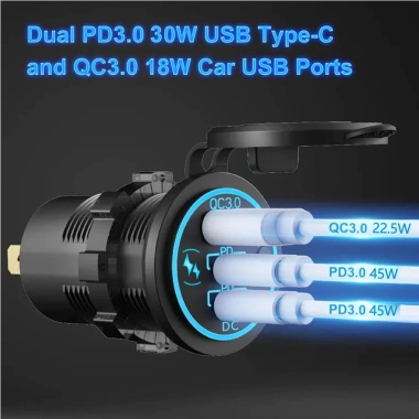 Ổ cắm sạc xe hơi PD & QC 3.0 112W 3 cổng 12V/24V cho ô tô, xe máy, thuyền, ATV sạc nhanh 3