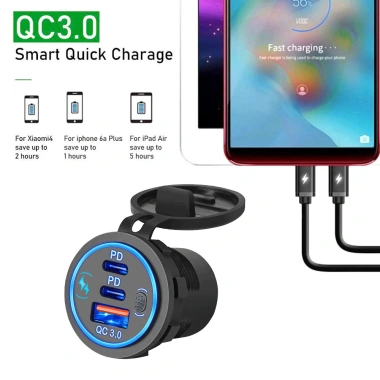 Ổ cắm sạc xe hơi PD & QC 3.0 112W 3 cổng 12V/24V cho ô tô, xe máy, thuyền, ATV sạc nhanh 5