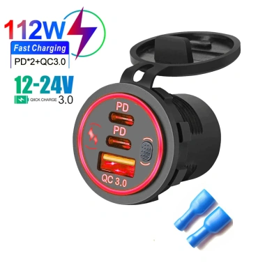 Ổ cắm sạc xe hơi PD & QC 3.0 112W 3 cổng 12V/24V cho ô tô, xe máy, thuyền, ATV sạc nhanh 9
