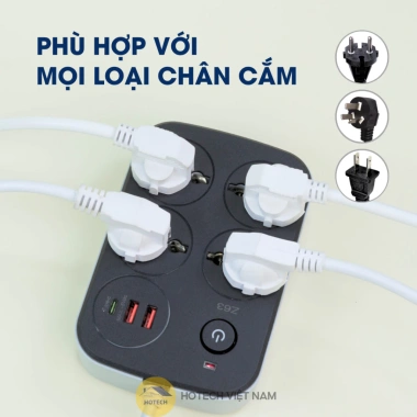 Ổ điện đa năng thông minh HOTECH 2.500W chống giật, cổng USB và Type C, dây 2m, công tắc nguồn toàn OD32H giá ưu đãi 129k 2