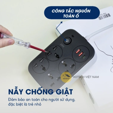Ổ điện đa năng thông minh HOTECH 2.500W chống giật, cổng USB và Type C, dây 2m, công tắc nguồn toàn OD32H giá ưu đãi 129k 4