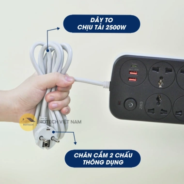 Ổ điện đa năng thông minh HOTECH 2.500W chống giật, cổng USB và Type C, dây 2m, công tắc nguồn toàn OD32H giá ưu đãi 129k 5