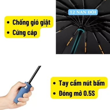 Ô Dù Chống Bão 24 Nan Mở Gấp Tự Động 2 Chiều, Lớp Che Mưa Nắng, Chống Thấm, Chống Tia UV