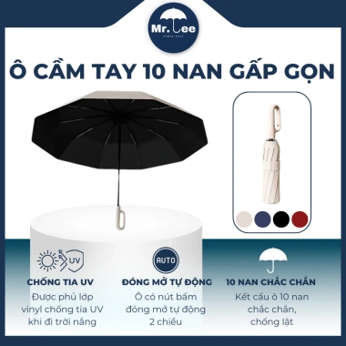 Ô Dù Tự Động Gấp Gọn Cán Móc Treo Mr.Lee 10 Nan Kép - Chịu Lực Mạnh, Che Nắng Mưa, Chống Nước & UV, Giá Ưu Đãi 105k