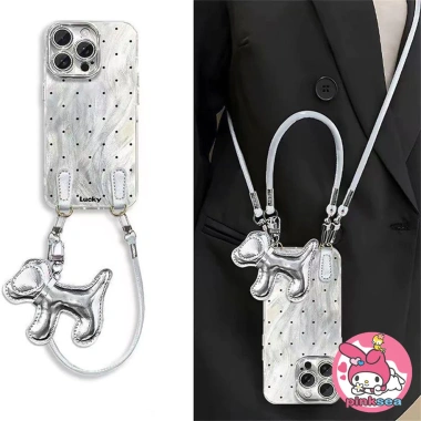 Ốp điện thoại chó con màu bạc, dây đeo, tương thích iPhone 16‑11, X, Xr, Xs Max, 8‑6 Plus - Vỏ mềm chống sốc cho bé gái