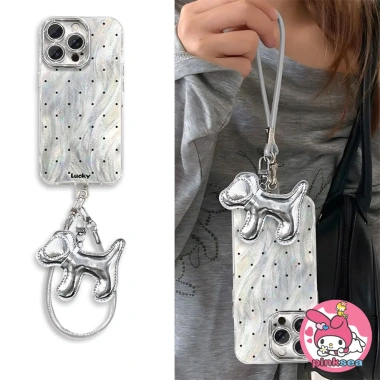 Ốp điện thoại chó con màu bạc, dây đeo, tương thích iPhone 16‑11, X, Xr, Xs Max, 8‑6 Plus - Vỏ mềm chống sốc cho bé gái