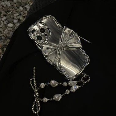Ốp điện thoại mềm hình nơ bạc 3D mạ điện + vòng đeo tay cho iPhone từ 7 Plus tới 17 Pro Max - 85.729₫