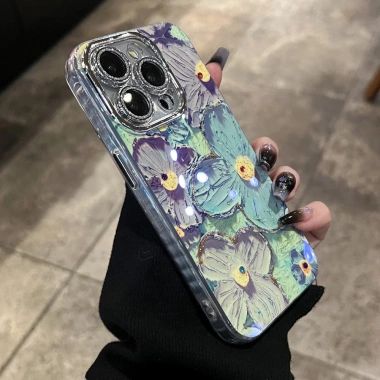 Ốp iPhone Laser Hoa Ánh Sáng Xanh TPU Mềm Chống Sốc Sang Trọng cho 11-17 Max Air