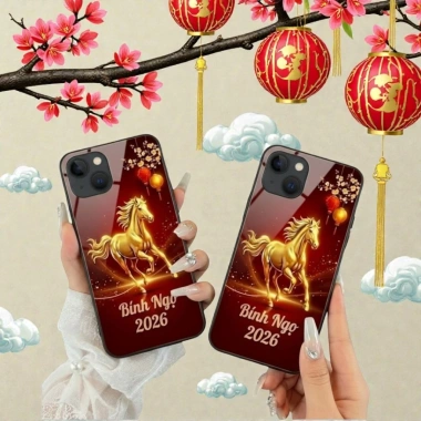 Ốp iPhone M2 Ngựa Vàng 2.026 - Mặt Kính Nền Đỏ Bính Ngọ Cao Cấp, Giá chỉ 85.800₫