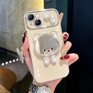 Ốp Lưng 3D Flash Kim Cương Nơ Gấu Gương Giá Đỡ TPU cho iPhone 17/16/15 Pro Max, 14/13/12 Pro Max, XS, XR, X - 95.256₫