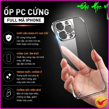 Ốp Lưng Cứng Trong Suốt Không Viền iPhone 17 16 15 14 13 12 11 X Pro Pro Max Plus e Air - Chống Ố Vàng, Ôm Khít Máy