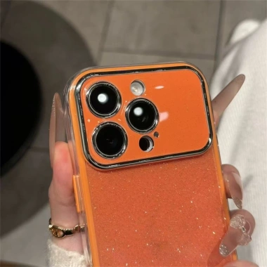 Ốp lưng iPhone 13 14 15 16 17 Pro Max màu cam sang trọng, lấp lánh, dễ thương, bảo vệ cao cấp