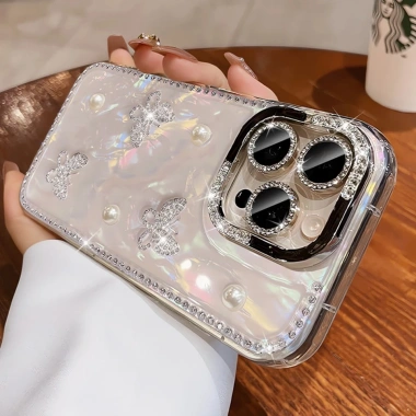 Ốp Lưng iPhone Bling Kim Cương Silicon – Bảo Vệ Sốc, Ngọc Trai Bướm cho iPhone 16/15/14 Plus/13