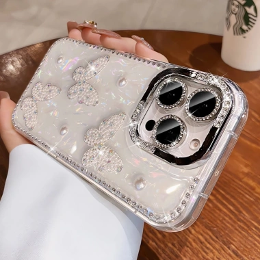 Ốp Lưng iPhone Bling Kim Cương Silicon – Bảo Vệ Sốc, Ngọc Trai Bướm cho iPhone 16/15/14 Plus/13