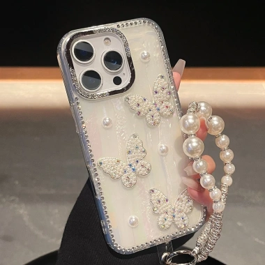 Ốp Lưng iPhone Bling Kim Cương Silicon – Bảo Vệ Sốc, Ngọc Trai Bướm cho iPhone 16/15/14 Plus/13