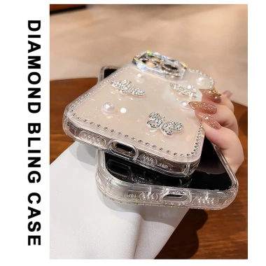 Ốp Lưng iPhone Bling Kim Cương Silicon – Bảo Vệ Sốc, Ngọc Trai Bướm cho iPhone 16/15/14 Plus/13