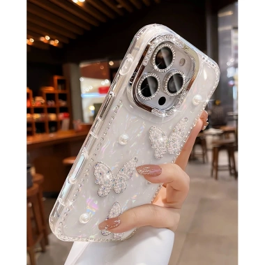 Ốp Lưng iPhone Bling Kim Cương Silicon – Bảo Vệ Sốc, Ngọc Trai Bướm cho iPhone 16/15/14 Plus/13