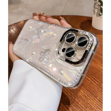 Ốp Lưng iPhone Bling Kim Cương Silicon – Bảo Vệ Sốc, Ngọc Trai Bướm cho iPhone 16/15/14 Plus/13