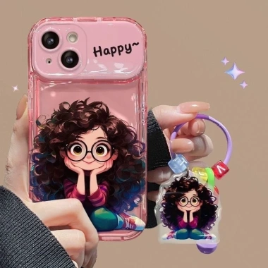 Ốp Lưng iPhone Bốn Màu Bé Gái Có Kính Kiểu Tóc Xoăn - Giá Đỡ Vanity Chống Rơi cho iPhone 15/14/13/12/11