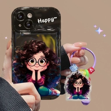 Ốp Lưng iPhone Bốn Màu Bé Gái Có Kính Kiểu Tóc Xoăn - Giá Đỡ Vanity Chống Rơi cho iPhone 15/14/13/12/11