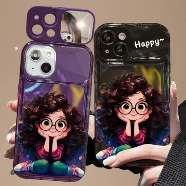 Ốp Lưng iPhone Bốn Màu Bé Gái Có Kính Kiểu Tóc Xoăn - Giá Đỡ Vanity Chống Rơi cho iPhone 15/14/13/12/11
