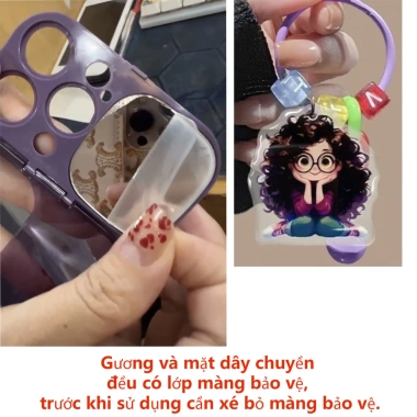 Ốp Lưng iPhone Bốn Màu Bé Gái Có Kính Kiểu Tóc Xoăn - Giá Đỡ Vanity Chống Rơi cho iPhone 15/14/13/12/11