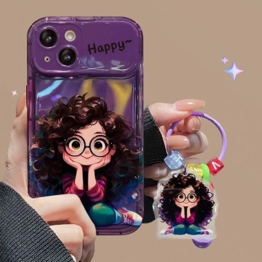 Ốp Lưng iPhone Bốn Màu Bé Gái Có Kính Kiểu Tóc Xoăn - Giá Đỡ Vanity Chống Rơi cho iPhone 15/14/13/12/11