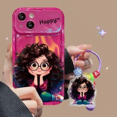 Ốp Lưng iPhone Bốn Màu Bé Gái Có Kính Kiểu Tóc Xoăn - Giá Đỡ Vanity Chống Rơi cho iPhone 15/14/13/12/11