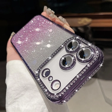 Ốp lưng iPhone đính đá lấp lánh kèm kính bảo vệ camera, tương thích iPhone 12-17 Pro Max, Air - Giá 88.800 VND