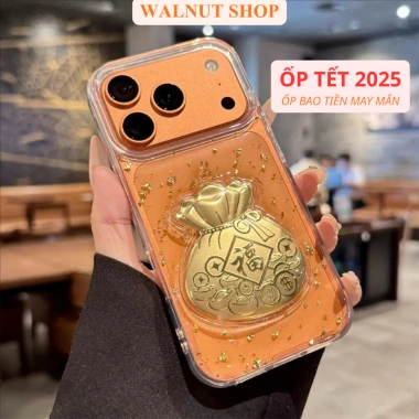 Ốp lưng iPhone phong thủy 2.025 Ngựa vàng + túi tiền vàng 3D – Dây đeo – iPhone 11‑17 3