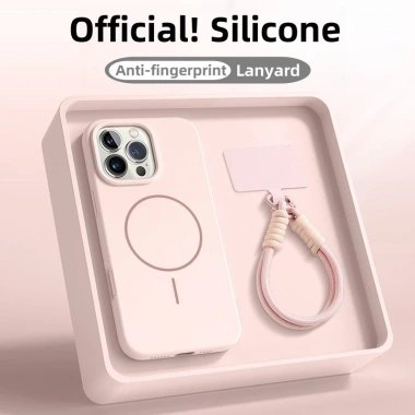 Ốp lưng iPhone silicon mềm mờ, chống vân tay, dây đeo từ tính, chống sốc Lanyar cho iPhone 16/15/14/13 Pro Max màu hồng