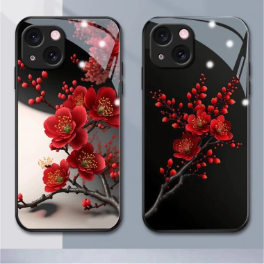 Ốp lưng kính iPhone 6-15 Pro/Plus/Pro Max hoa đỏ đen 2.025, bền, giá 41.500₫