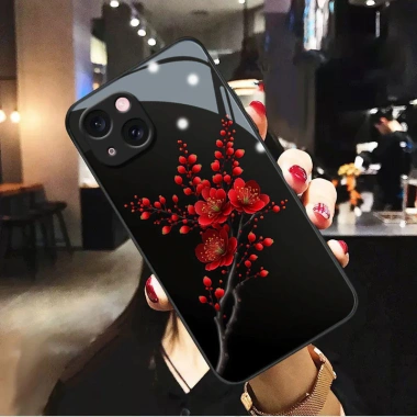 Ốp lưng kính iPhone 6-15 Pro/Plus/Pro Max hoa đỏ đen 2.025, bền, giá 41.500₫ 3