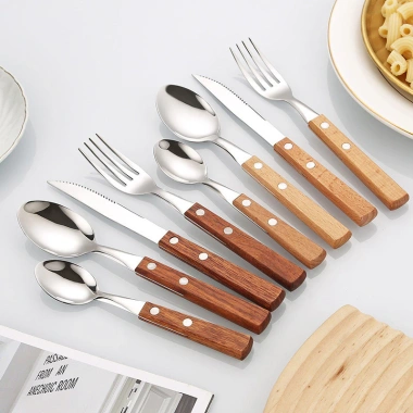 Oukeai 304 Bộ đồ ăn thép không gỉ tay cầm gỗ nguyên khối bộ 4 món - Muỗng nĩa Nhật Bản, giảm giá 22% chỉ 30.030 VND