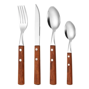 Oukeai 304 Bộ đồ ăn thép không gỉ tay cầm gỗ nguyên khối bộ 4 món - Muỗng nĩa Nhật Bản, giảm giá 22% chỉ 30.030 VND
