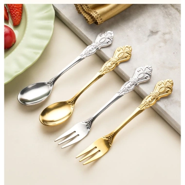 OUKEAI Thìa Nĩa Cung Điện Dập Nổi Thép Không Gỉ – Thìa Nhỏ Bánh Trái Cây, Nĩa Retro, Thìa Cà Phê, Giá 14.700₫ 9