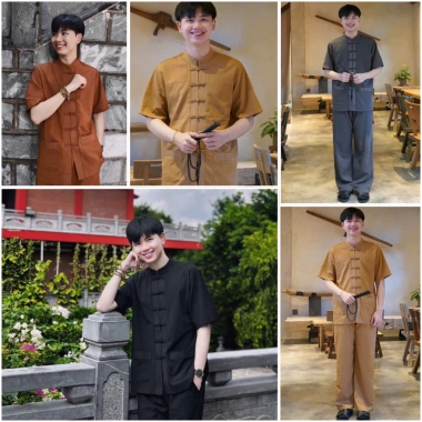 Pháp phục lễ chùa nam - Bộ đũi nam khuy tết tay cộc, đũi tằm TTH1, giá 295k