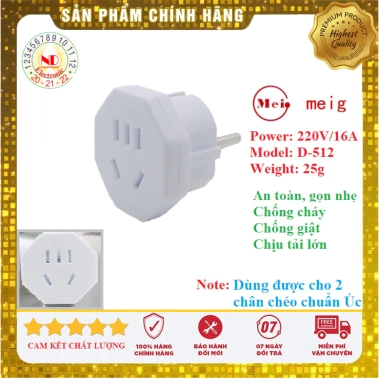 Phích cắm chuyển đổi 3 chân CHÉO chuẩn Úc sang 2 chân TRÒN VN, chịu tải 3.500W