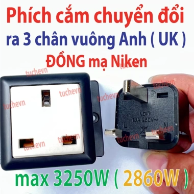 Phích cắm chuyển đổi 3 chân vuông chuẩn G Schuko 13A 250V 3.250W - Anh, HK, Singapore - 48.000₫ 3