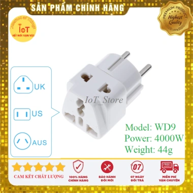 Phích Cắm Chuyển Đổi WD9 3 Chân Đến 2 Chân Tròn 4.8mm - Tải Lên 3.000W, Chuẩn VN, Giá 65.000 VND