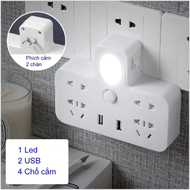 Phích chuyển đổi sạc thông minh 2 chân, 2 cổng USB, đèn LED, công tắc đa năng, giá chỉ 137.000đ, giảm giá mạnh