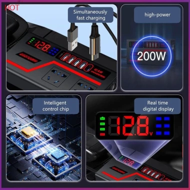Phụ Kiện Tự Động Sạc USB 200W QC3.0 - Hiển Thị Điện Áp Biến Tần Ô Tô, Ổ Cắm USB HH