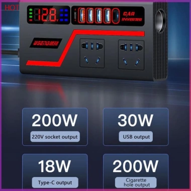 Phụ Kiện Tự Động Sạc USB 200W QC3.0 - Hiển Thị Điện Áp Biến Tần Ô Tô, Ổ Cắm USB HH