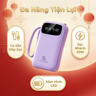 Pin dự phòng 20.000mAh + 4 cáp sạc tháo rời Android Type‑C iPhone - Dung lượng lớn, COD, Giá 198.000₫