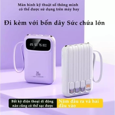Pin dự phòng 20.000mAh + 4 cáp sạc tháo rời Android Type‑C iPhone - Dung lượng lớn, COD, Giá 198.000₫