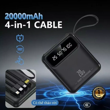 Pin Dự Phòng 20.000mAh Nhẹ Xinh, Kèm 4 Dây, Không Cần Cáp - Giá 116k