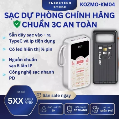 Pin dự phòng 30.000mAh Kozmo KM04 - Sạc nhanh, An toàn, Công suất lớn, 2 màu Đen Trắng, Giá chỉ 585.000 VND